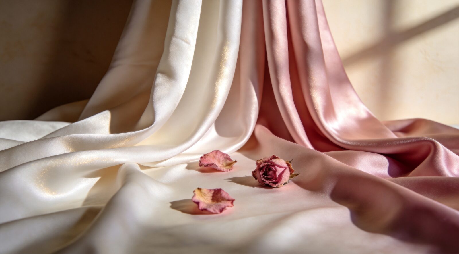 Ivory and rose silk fabric with dried rose petals