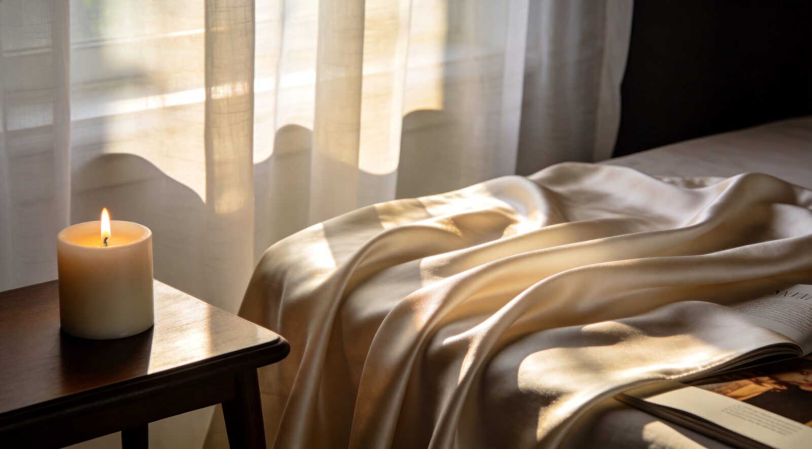 Warm morning light over ivory silk bedding